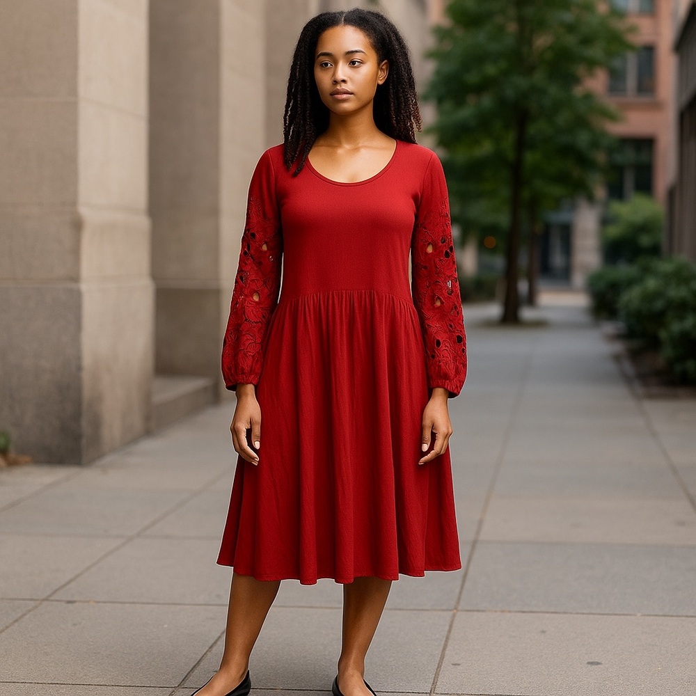 Spense Red Long Sleeve Scoop Neck Sundress